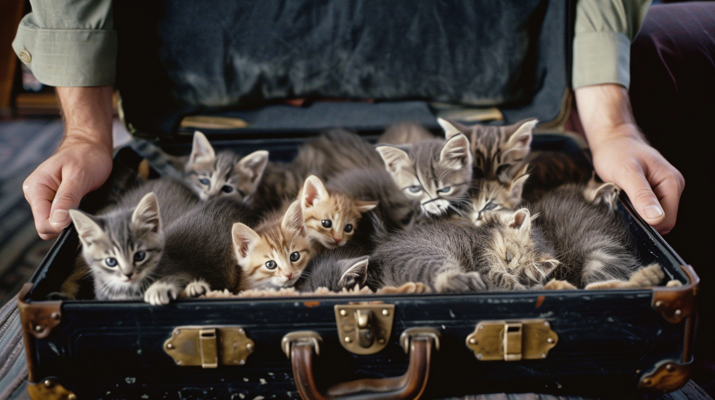 Hands holding black suitcase with playful kittens