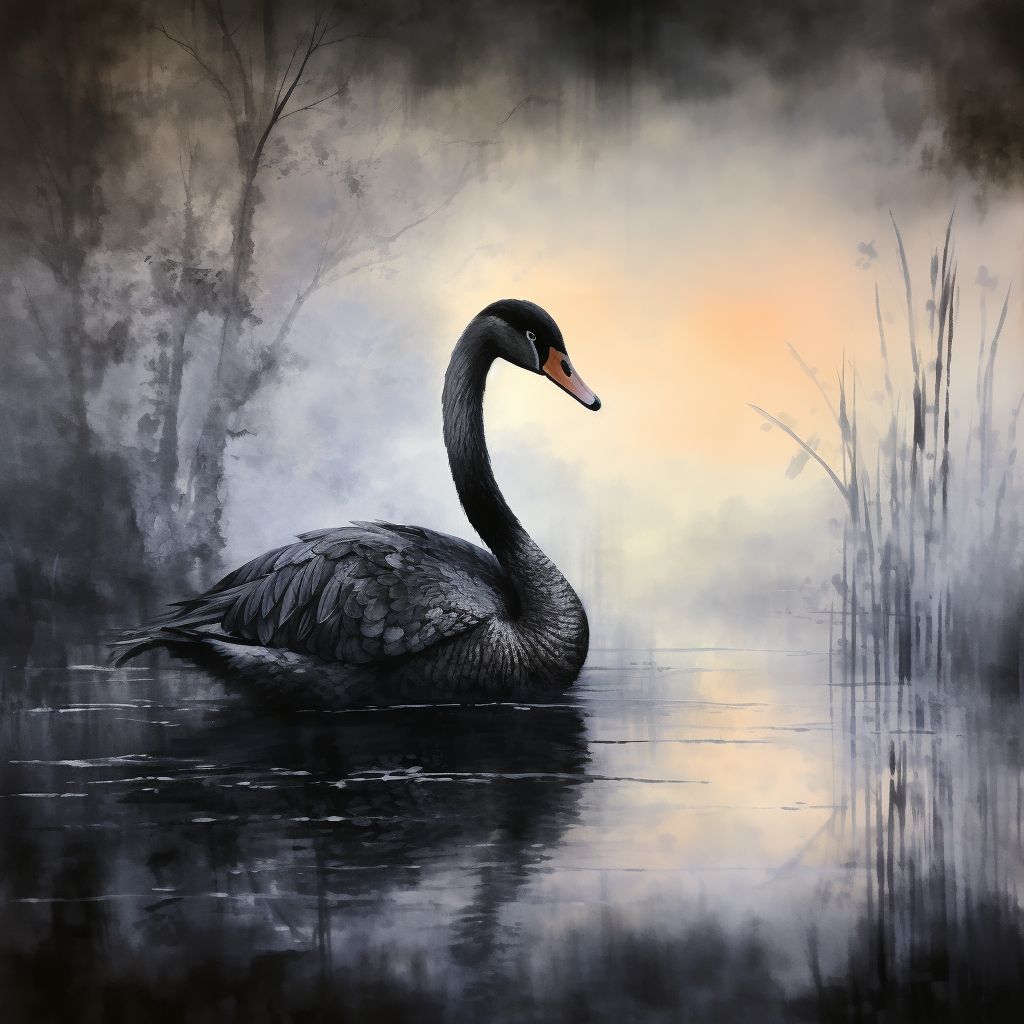 Black swan swimming gracefully in misty pond