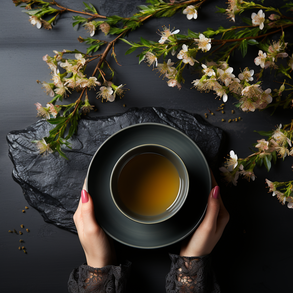 Female hands holding black tea cup on cement table