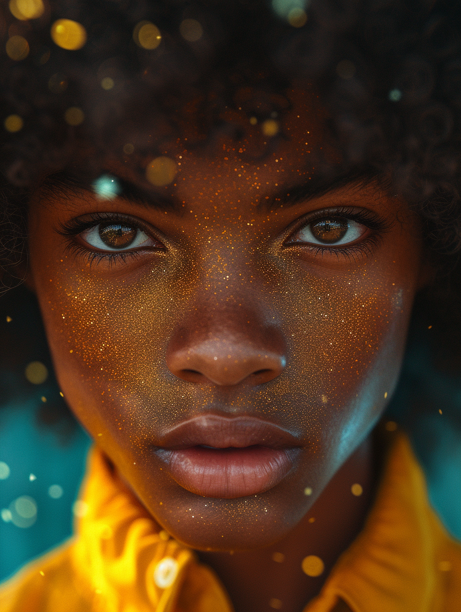 Black teenage boy with curly afro, close-up eyes