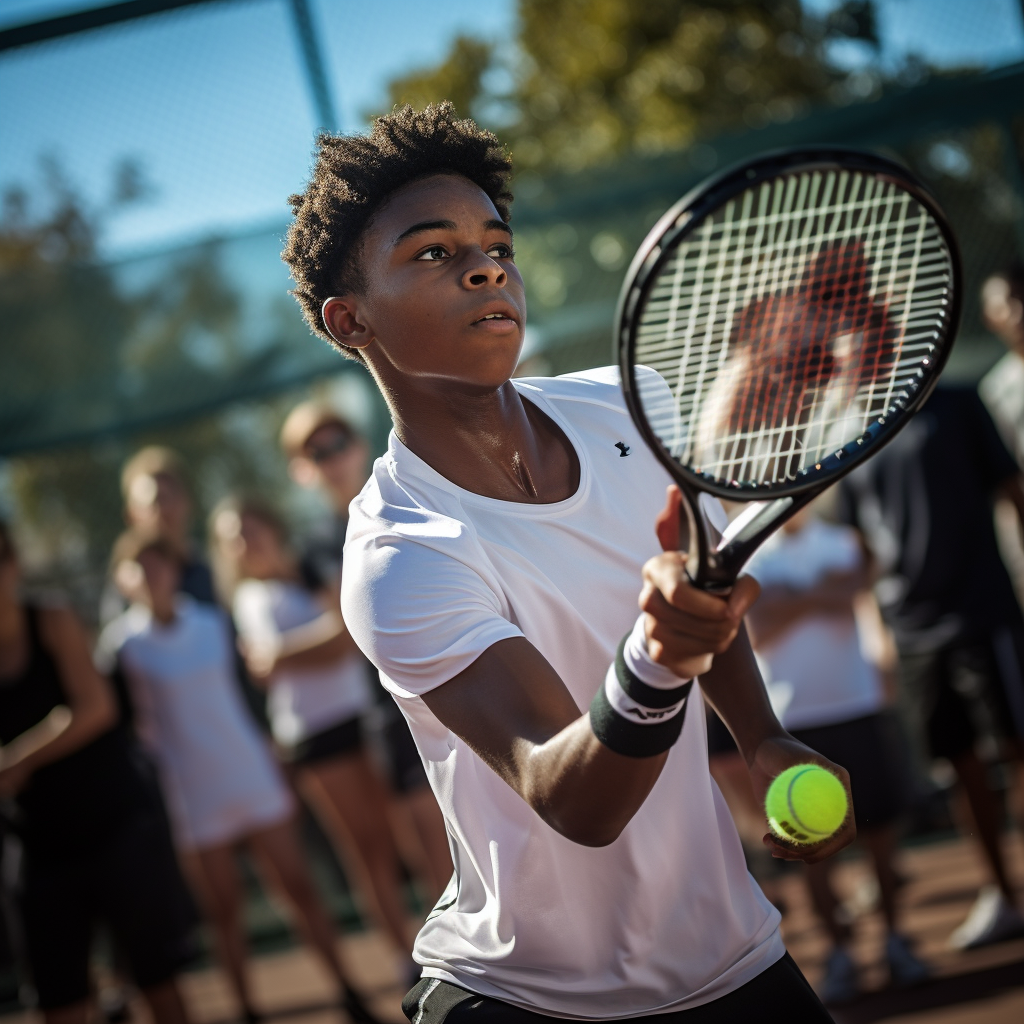 Black Teenage Tennis Player Smashing Ball at Youth Tournament