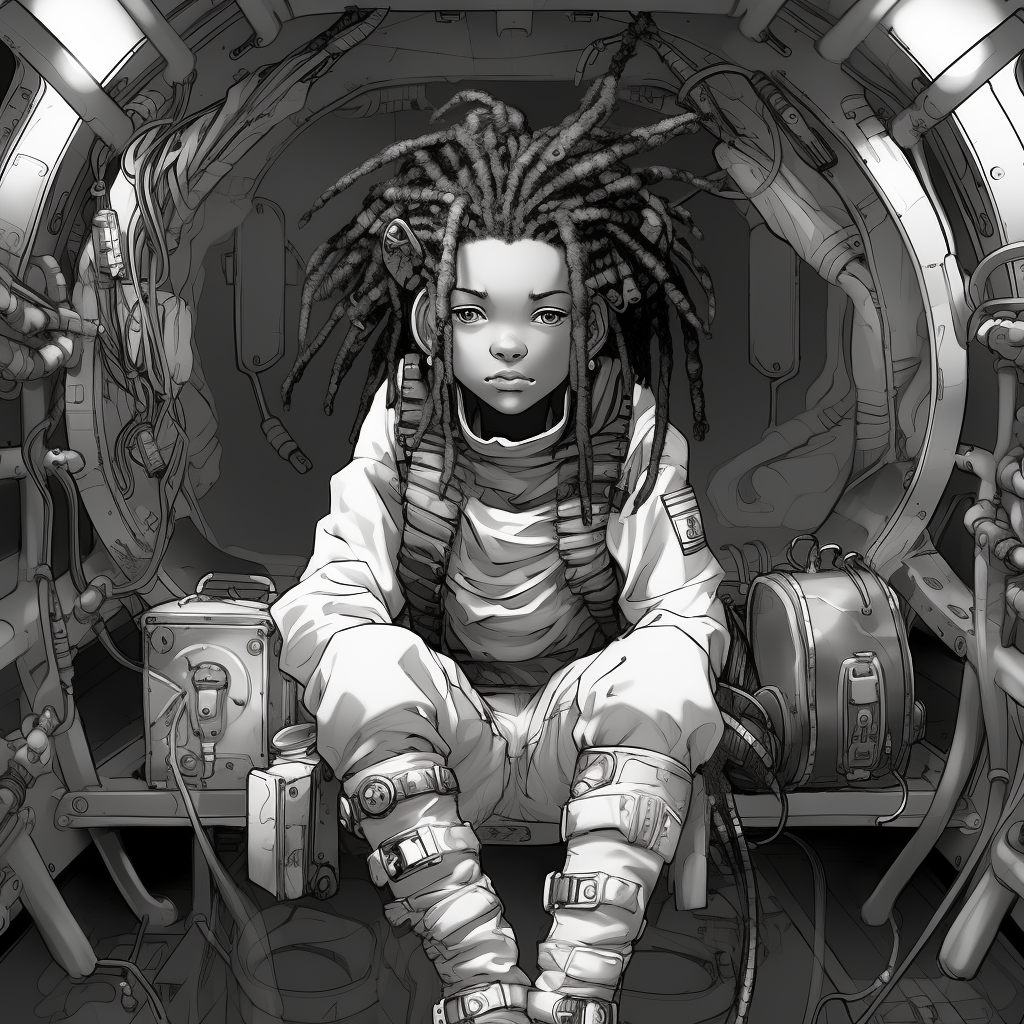 Black teenager exploring dufflebag inside spaceship