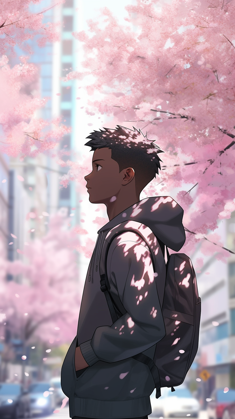 Black teenager in Tokyo Japan wearing a plain hoodie with cherry blossom trees