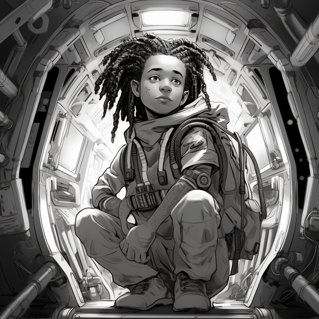 Black teenager in Viking armor with dreadlocks inside spaceship