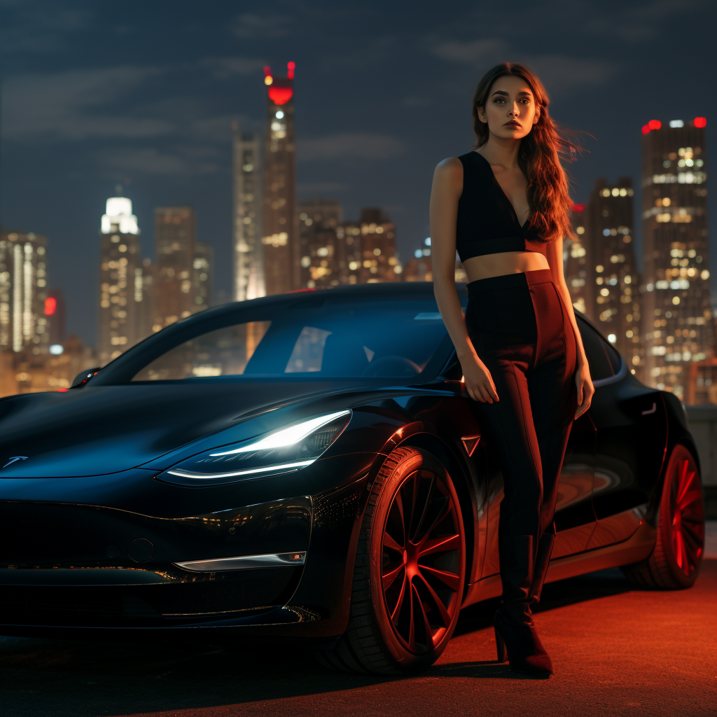 Spanish girl with Black Tesla and New York Skyline