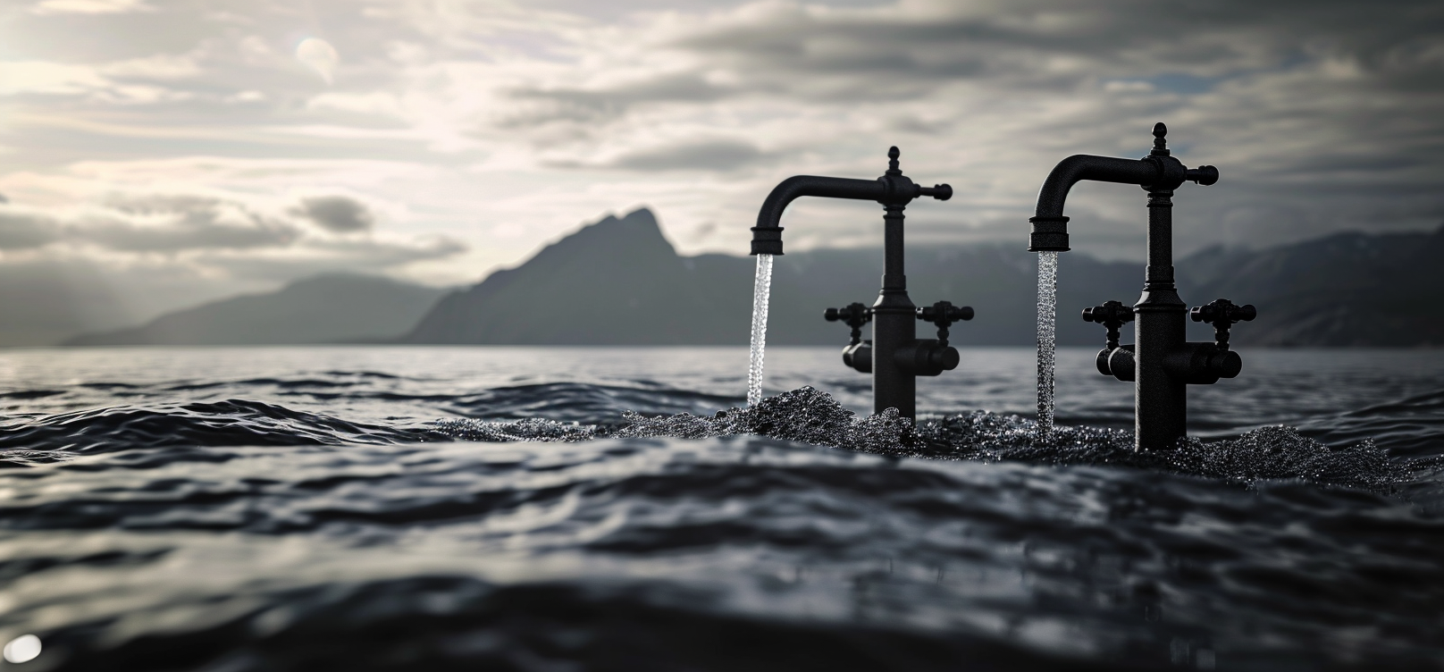 Two black textured faucets on the water surface