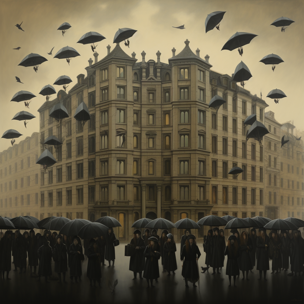 Group of People with Black Umbrellas and Buildings