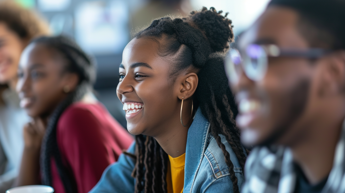 Smiling black university students in classroom