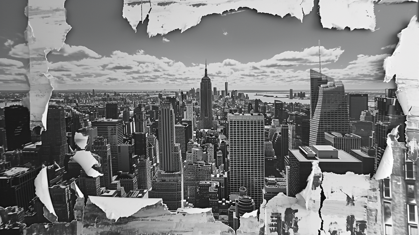 Black and white 3D collage of New York buildings