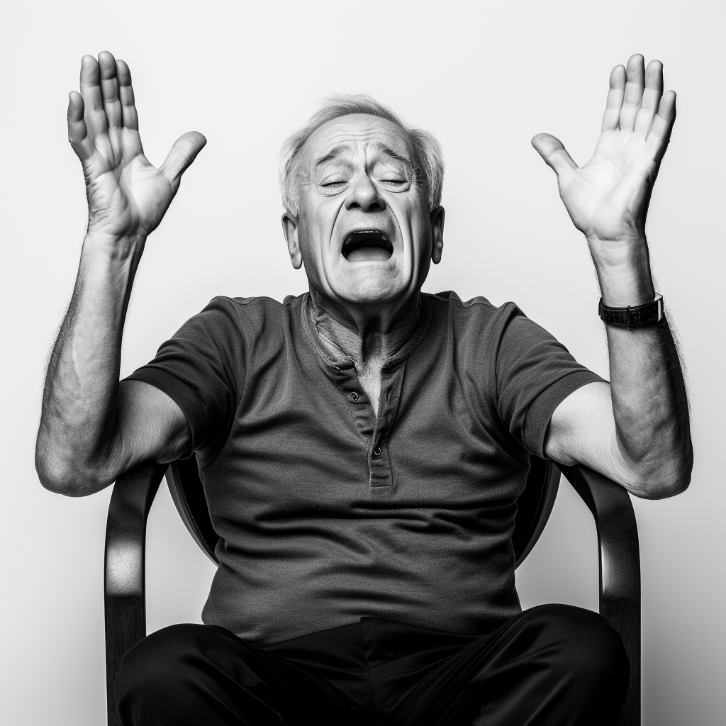 60 year old man sitting with hands raised