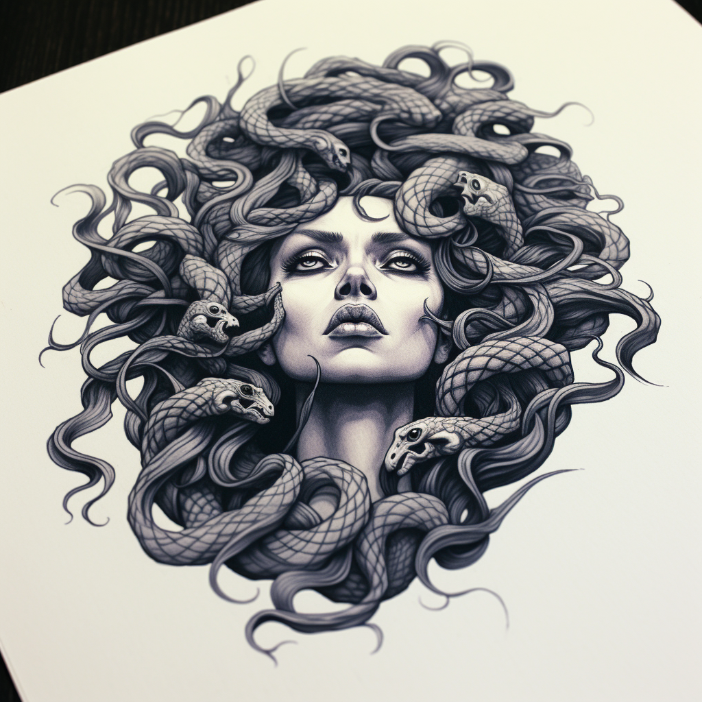 Medusa head drawing in black and white