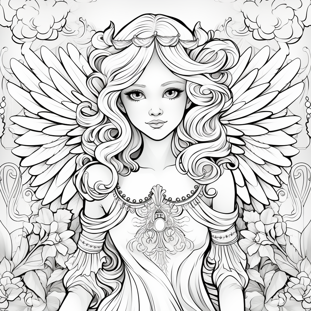 Black and white angel coloring book with wings and auras