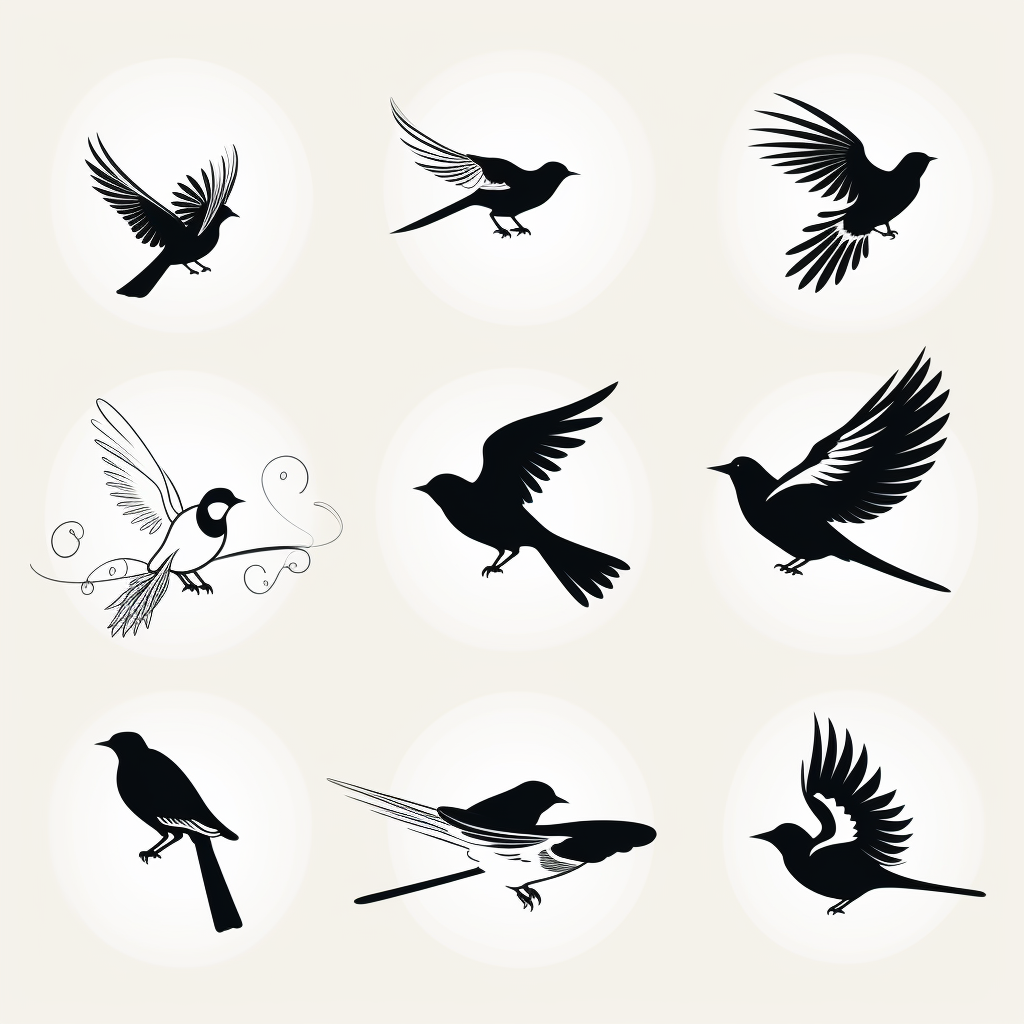 Silhouettes of black and white birds