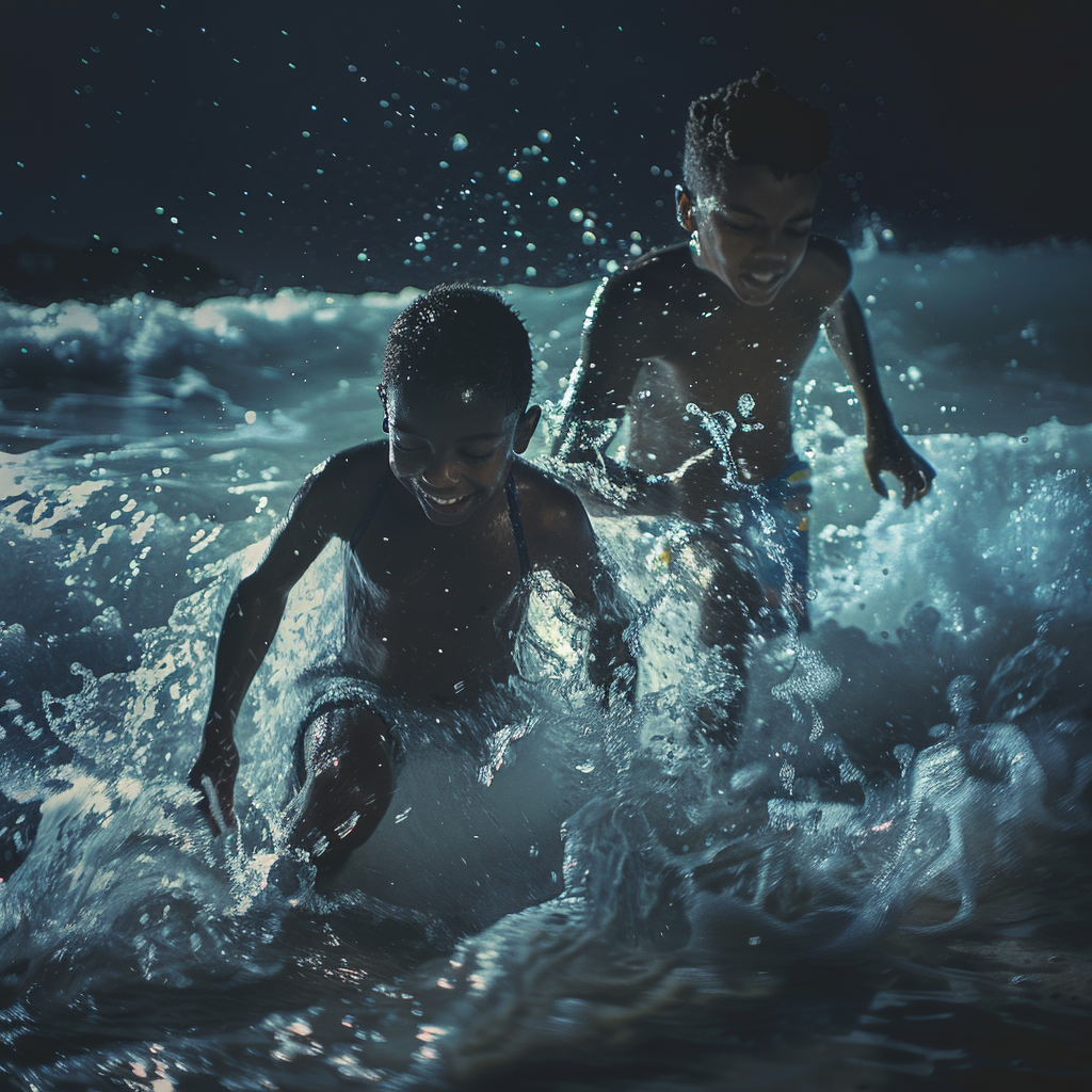 Two boys running beach night