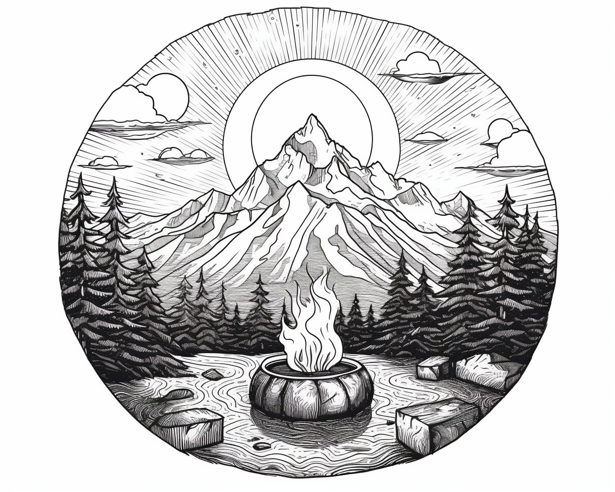 Simple line art of black and white campfire in mountain scenery