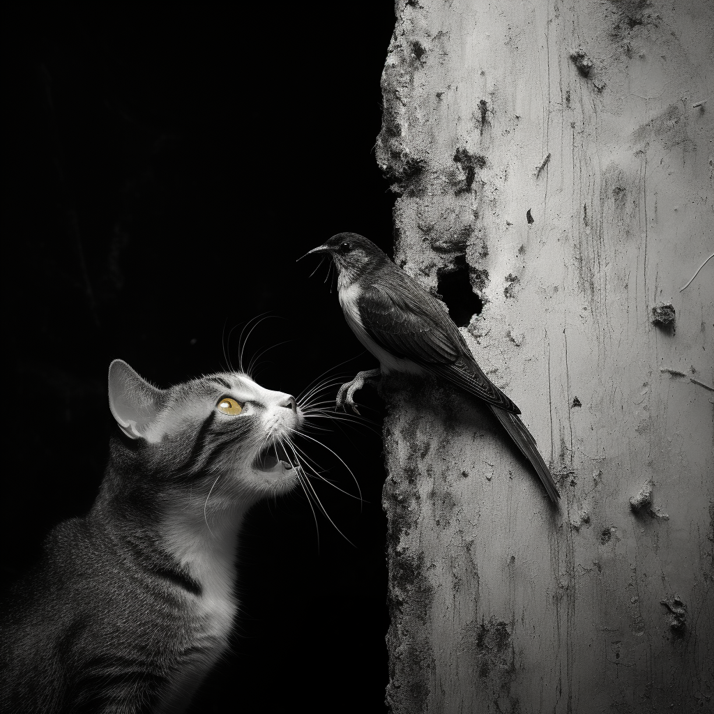 Black and white cave painting of cat eating bird