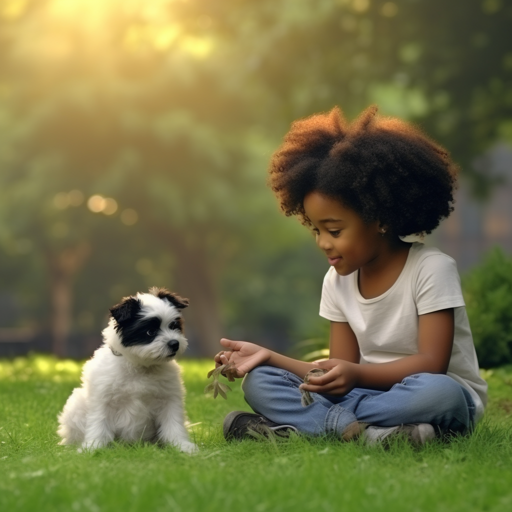 Black and white child playing with puppy