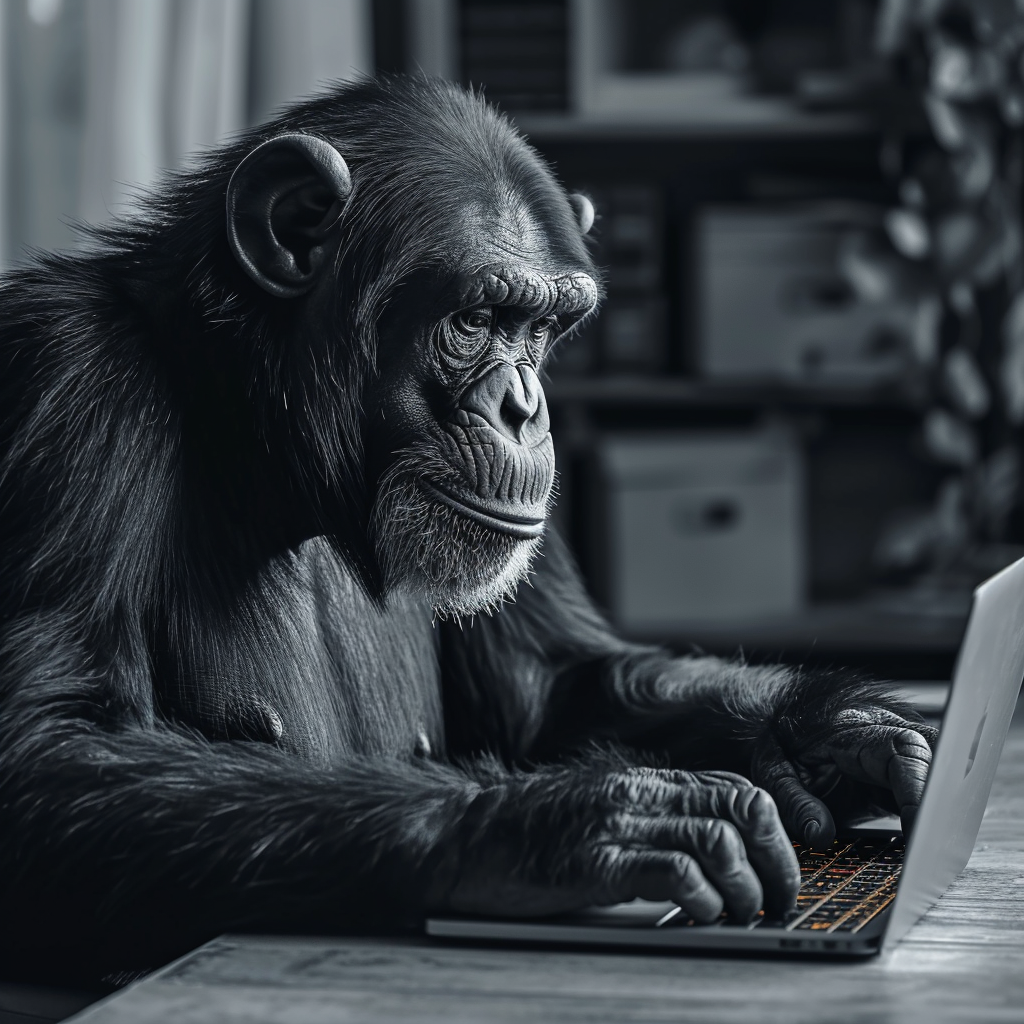 Chimpanzee at Desk with Mac Laptop