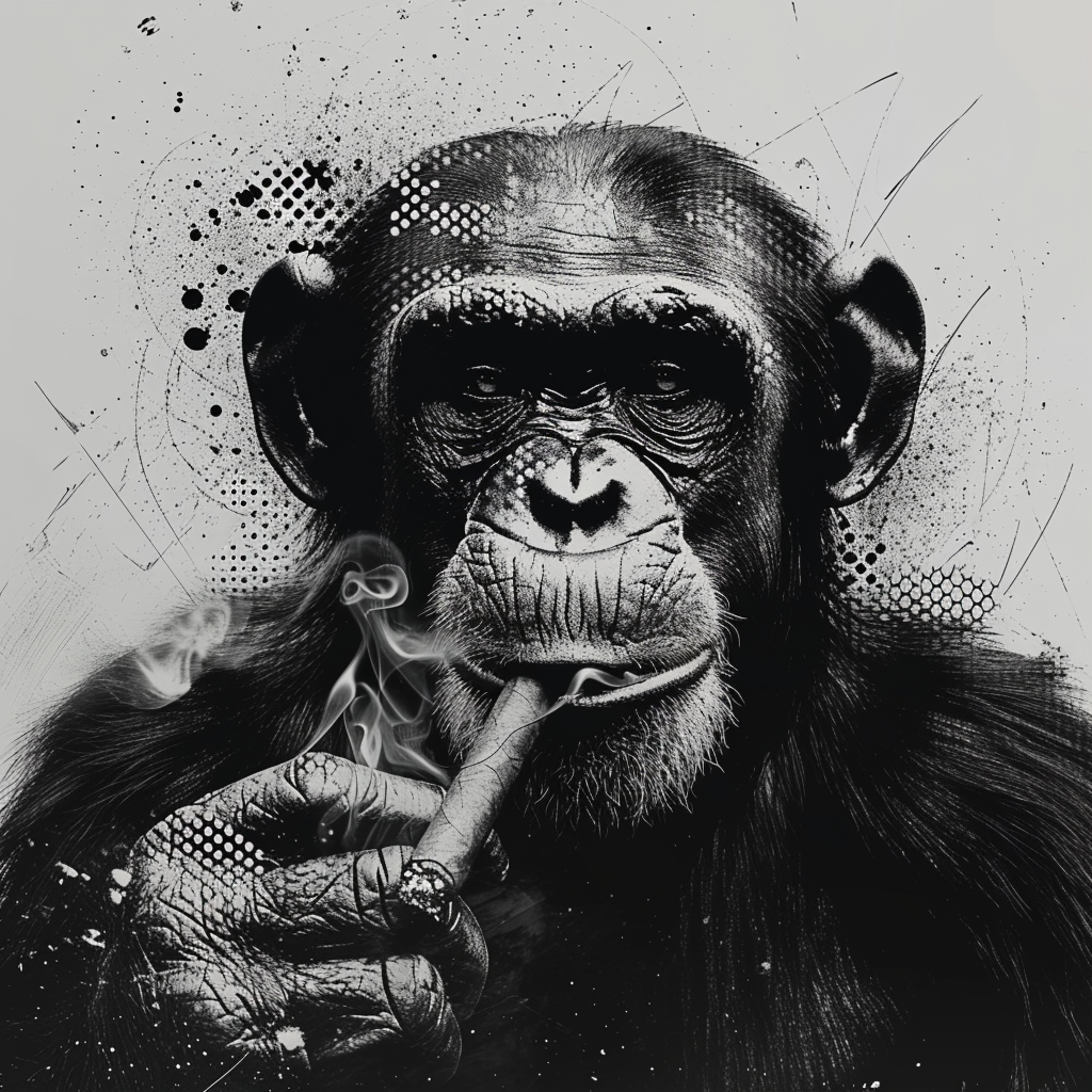 Black and white chimpanzee smoking cigar art