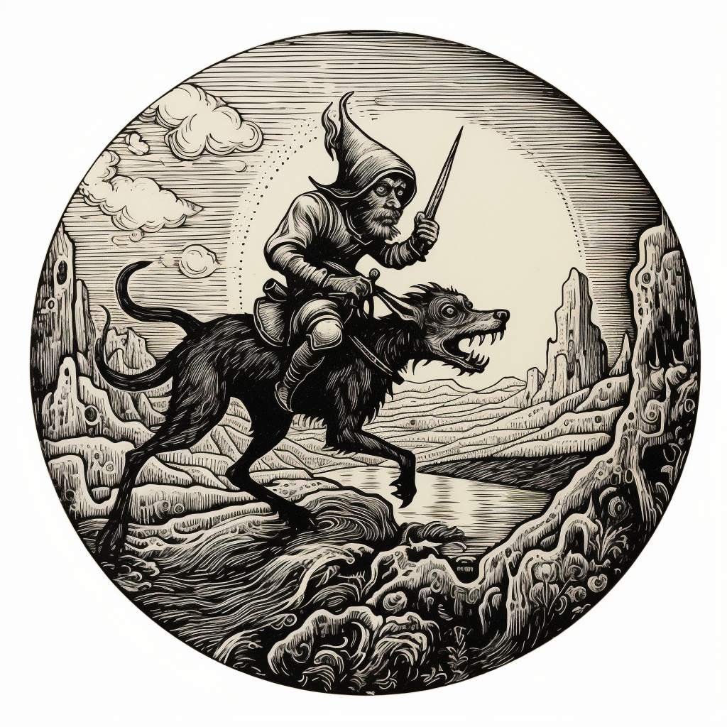 Goblin riding a dog in black and white