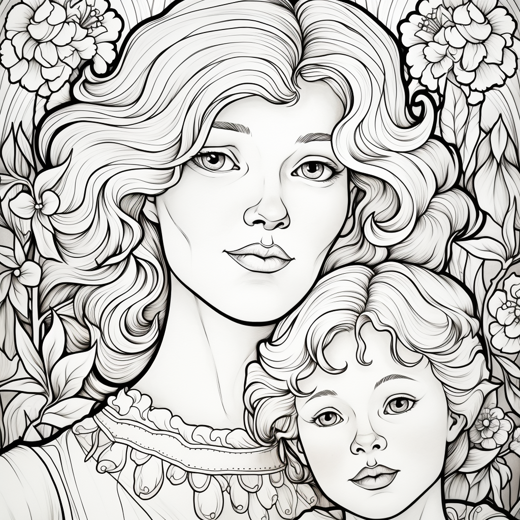 Mom and adult son on coloring book page