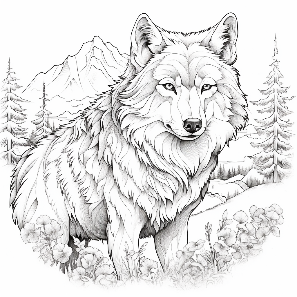 Wolves coloring page in black and white