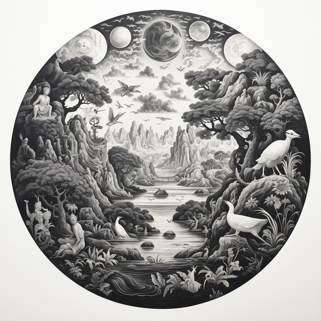 Black and white Earth drawing in Jan Brueghel style