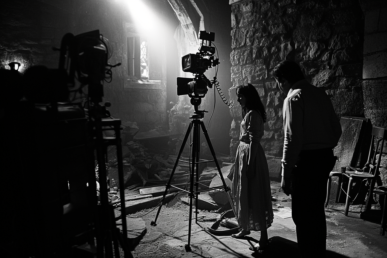 Black and white grainy 1970s horror movie set