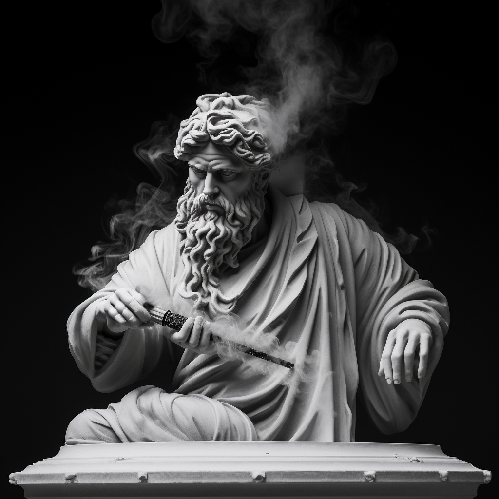 Neon Greek sculpture in smoke