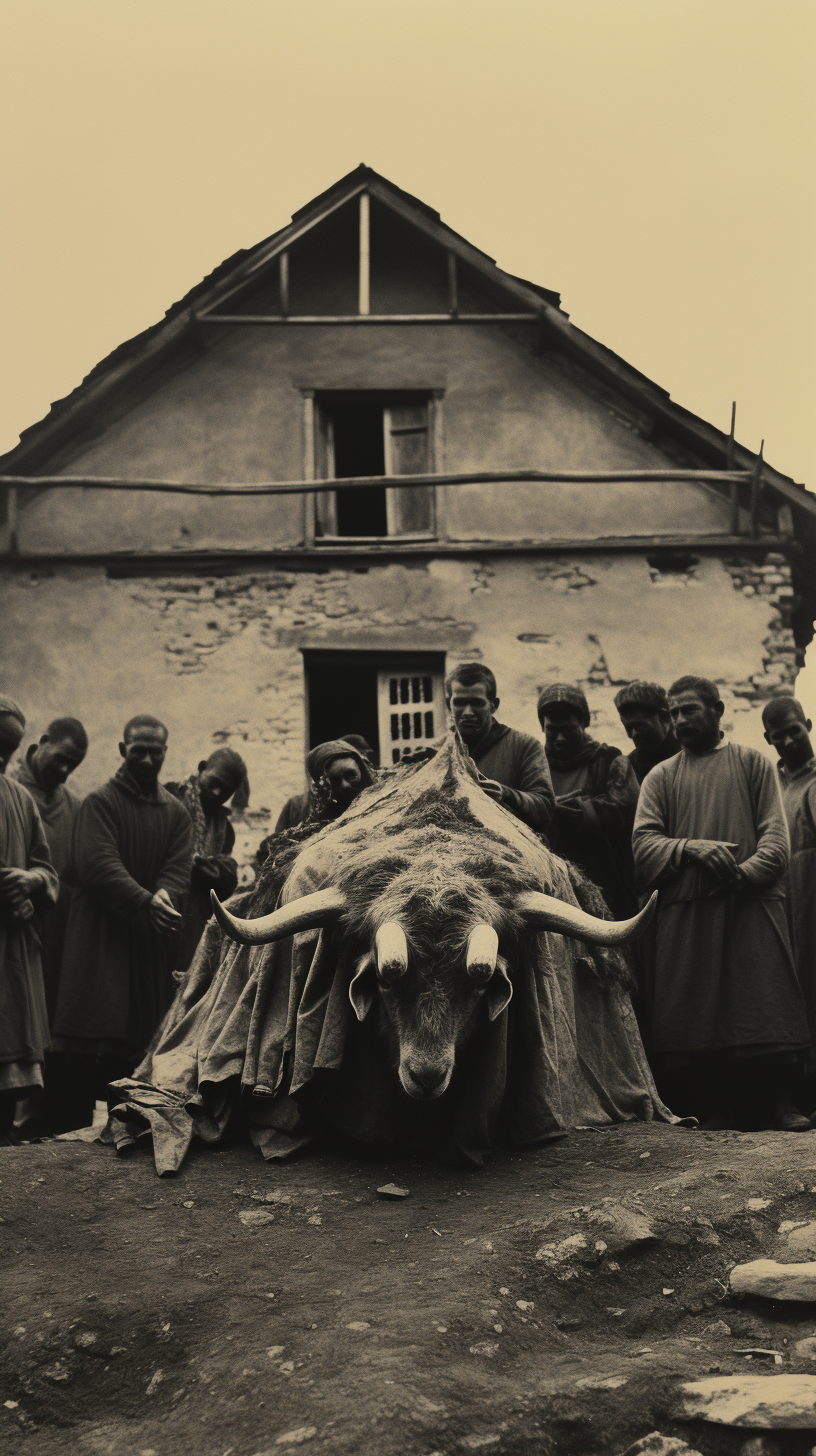 group of people in cloaks preparing a goat