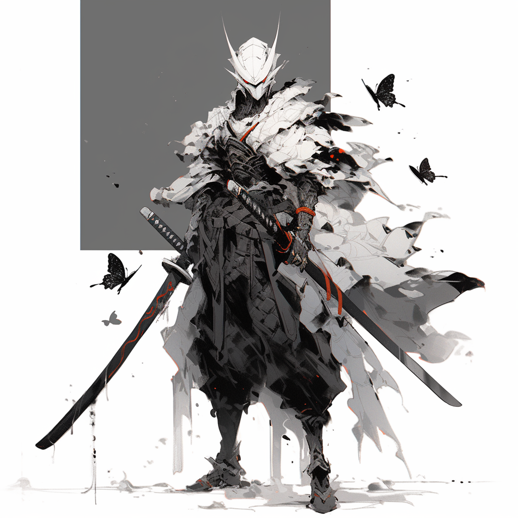 Black and white insect creature in samurai attire