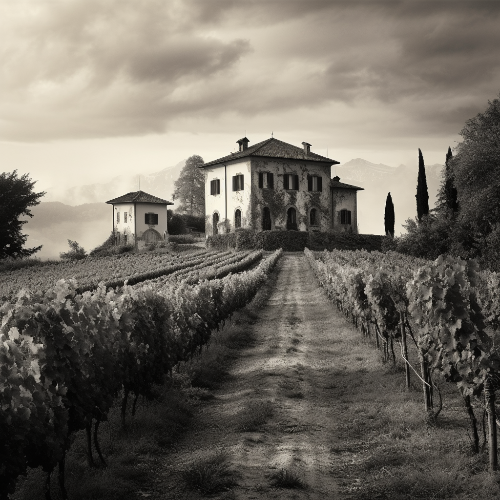 Italian Estate with Vineyard in Black and White