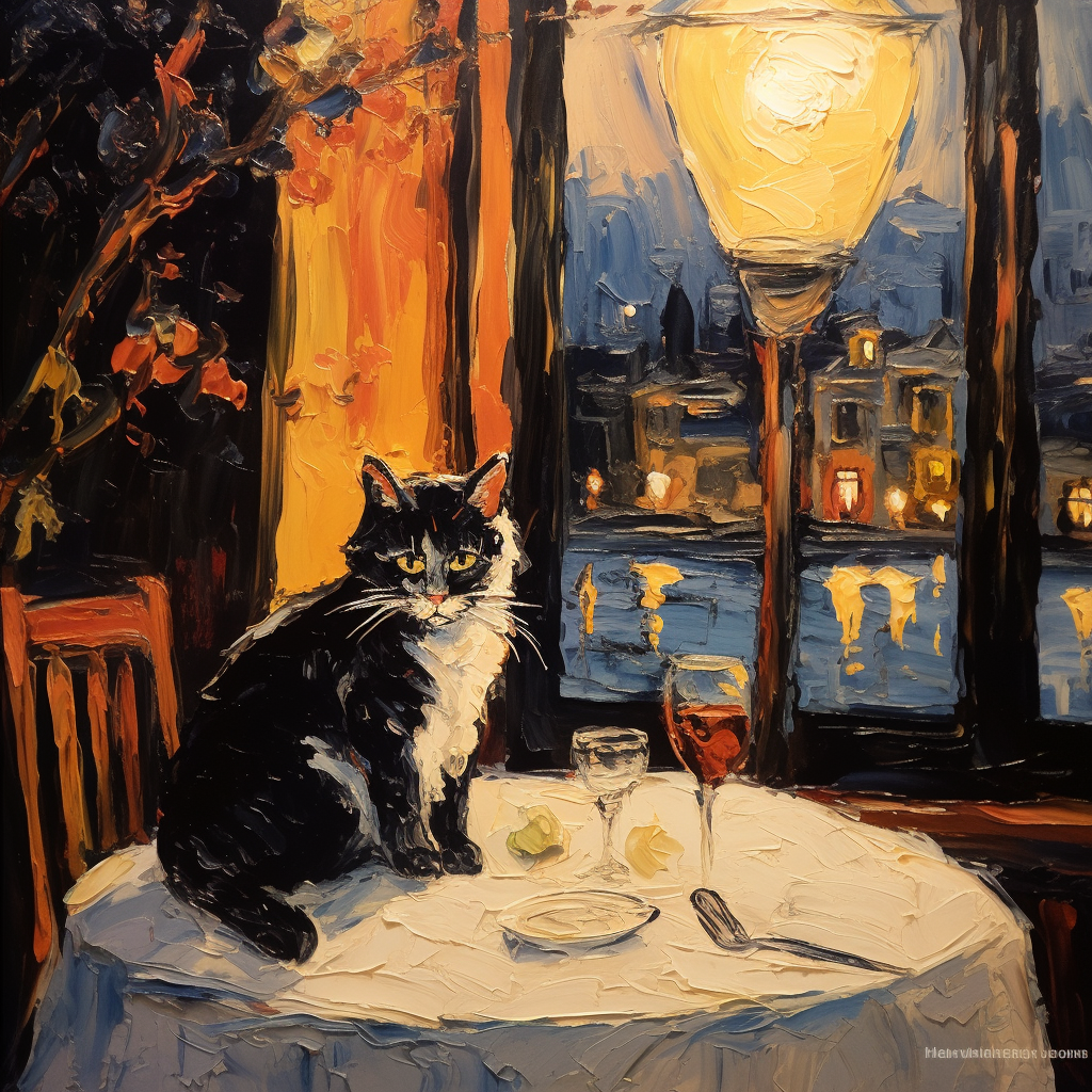 Cute kitty enjoying spaghetti at Italian restaurant