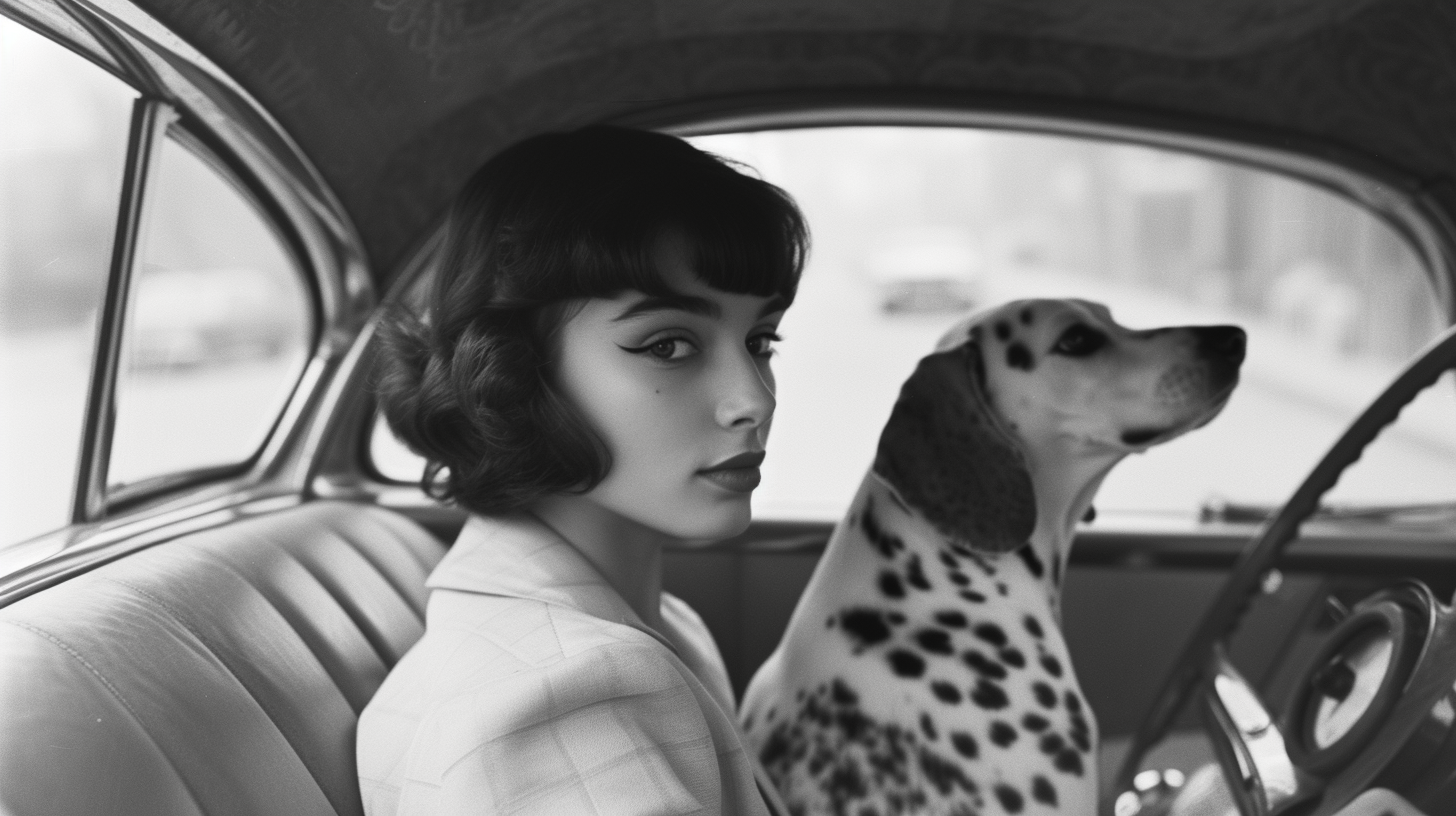 Black and white photo of girl in Chrysler