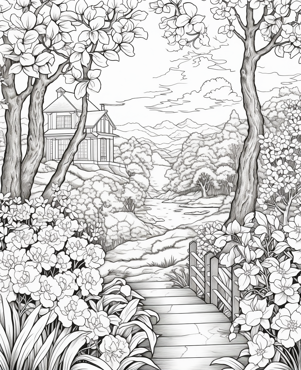 Black and White Landscape with Summer Flowers