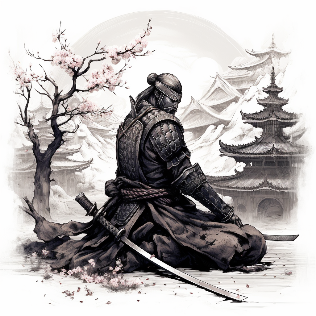 Black and white tattoo design with samurai and cherry blossom