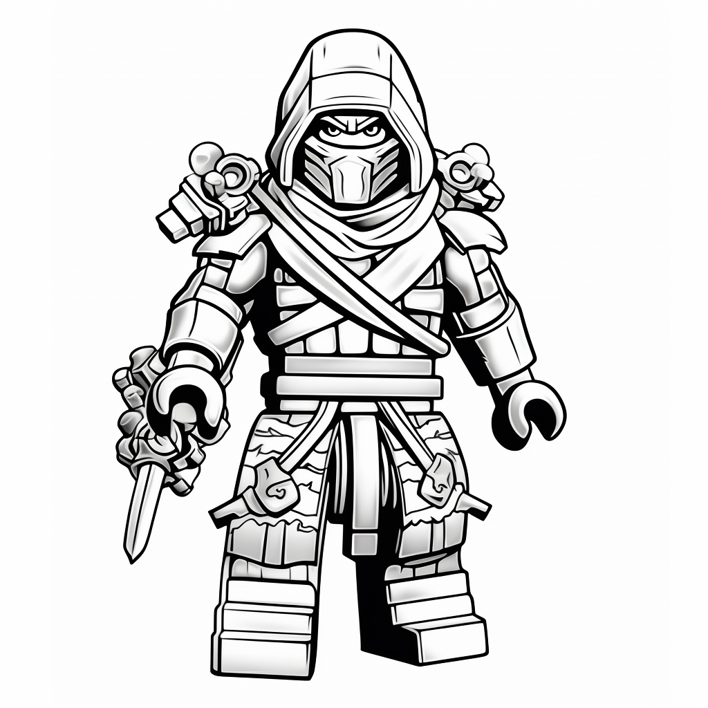 Black white line drawing adult coloring book Lego Ninjago character