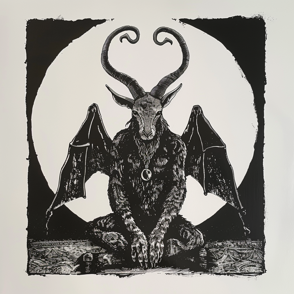 Baphomet lino print in black white