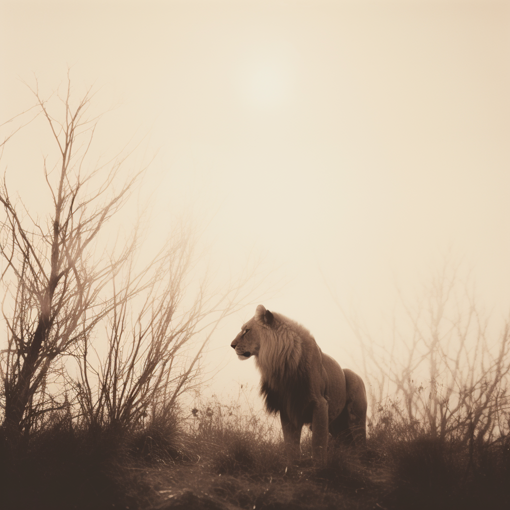 Beautiful lion gazing at red sun