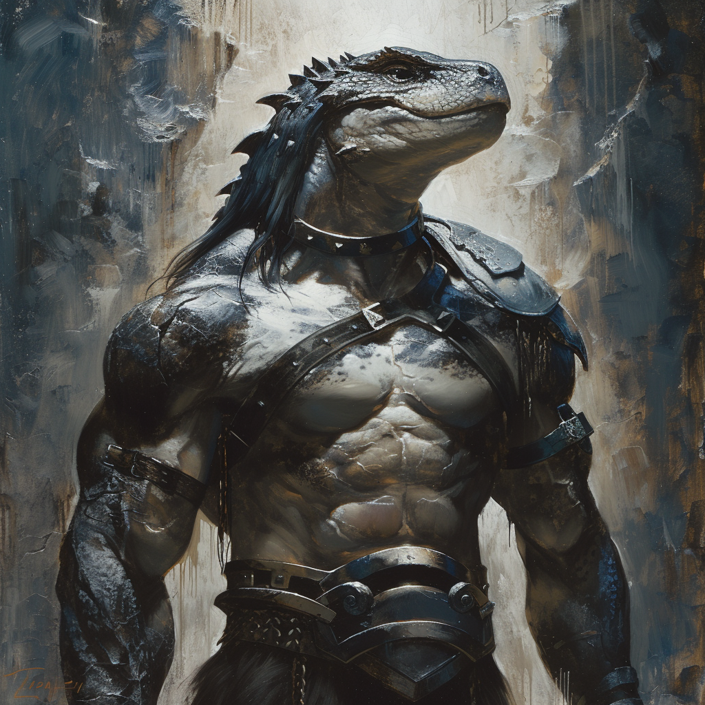 Black and white lizard in Greek armor