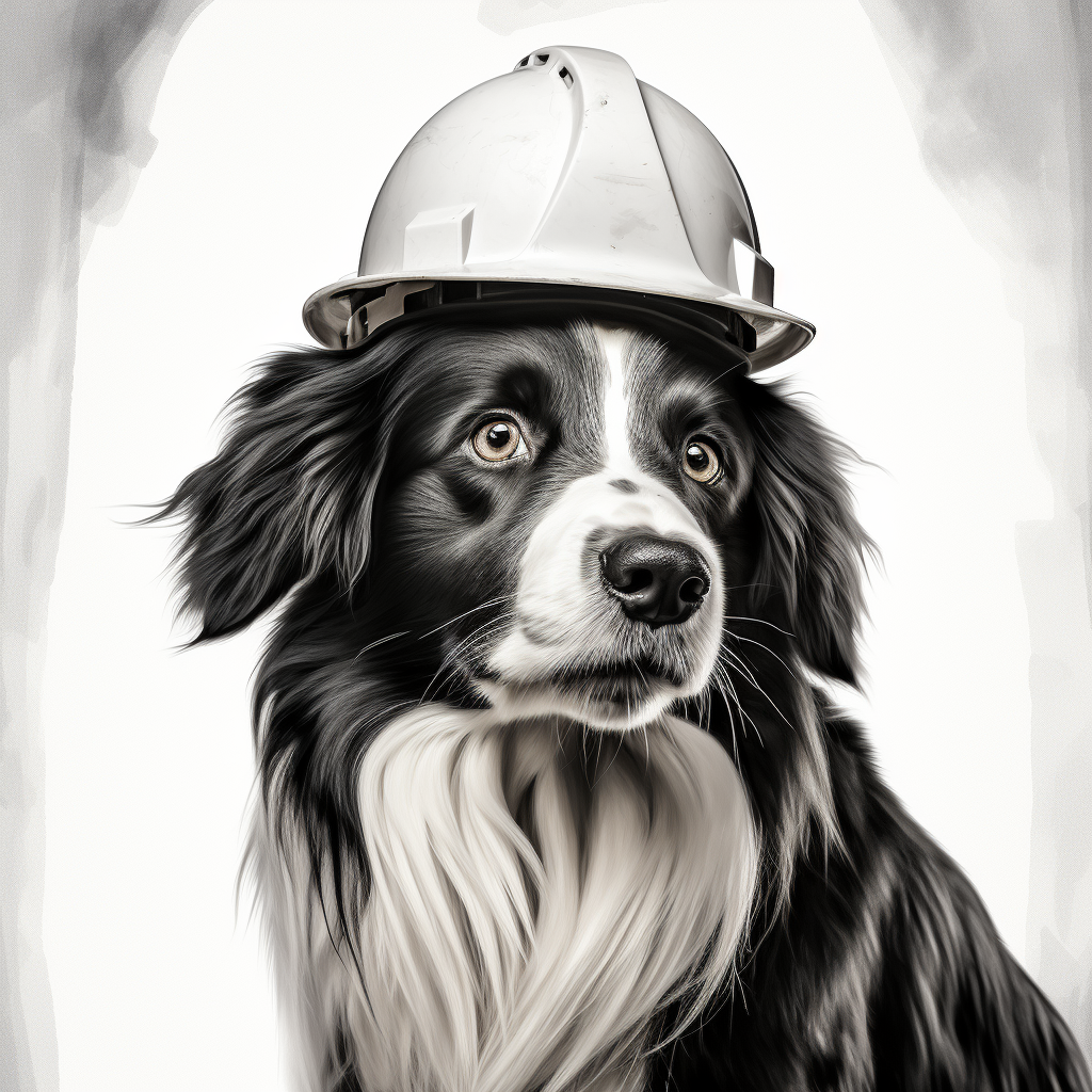 Black and white longhaired border collie with hard hat