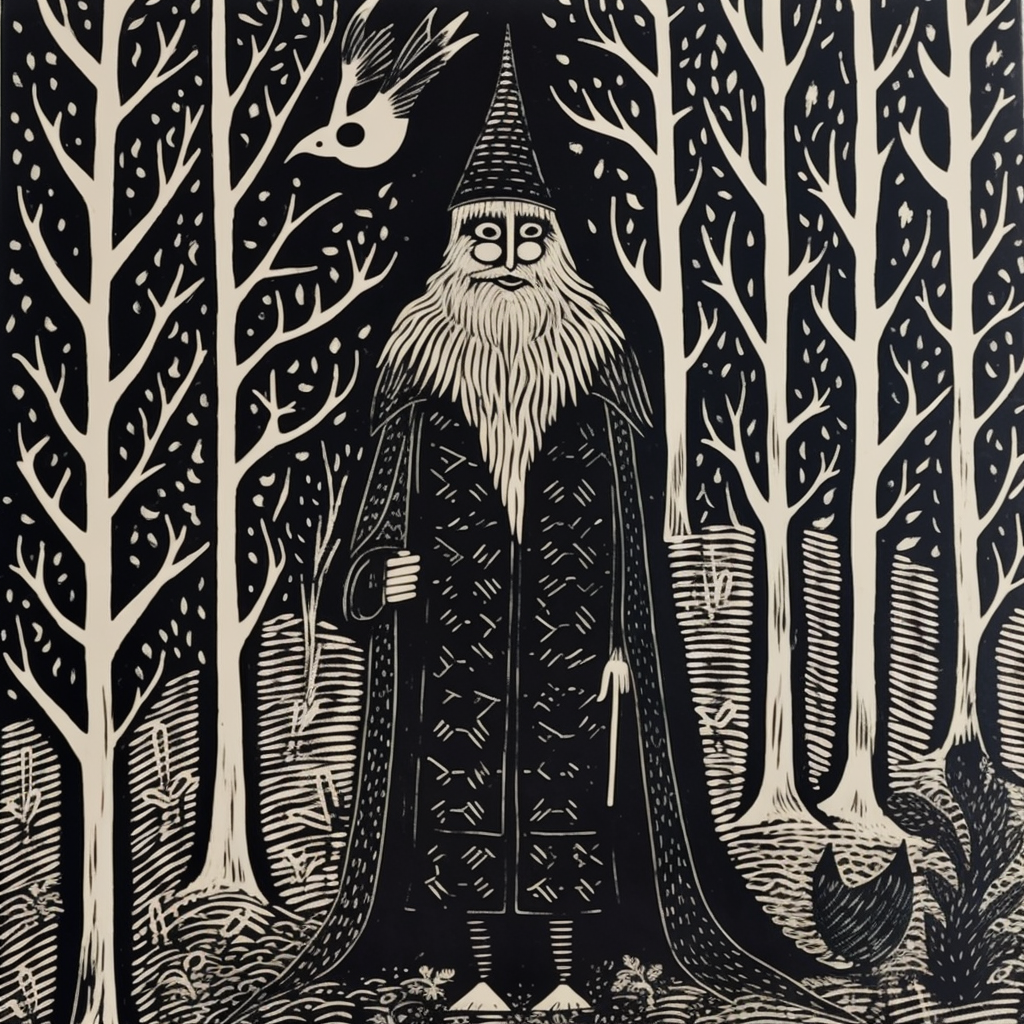 Black and white lubki Russian style wizard in forest