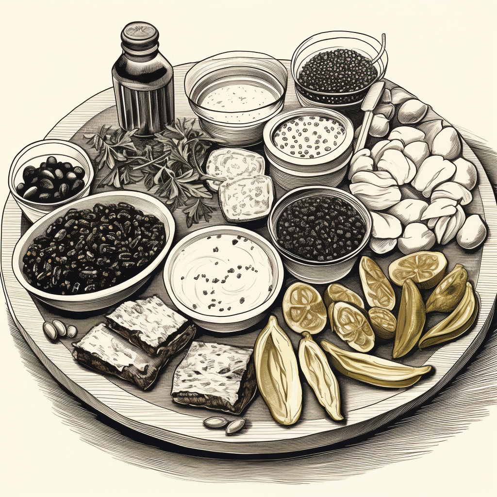 black and white mezze spread drawing