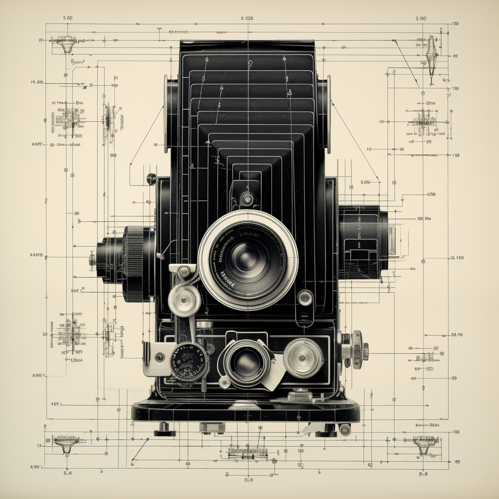 Black and white minimalist folding camera blueprint