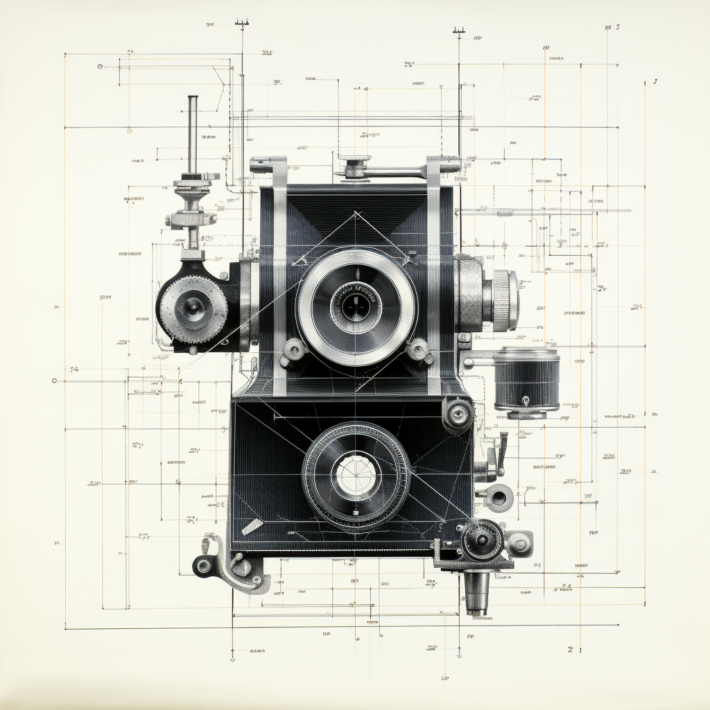 Black and white minimalist dry plate camera blueprint