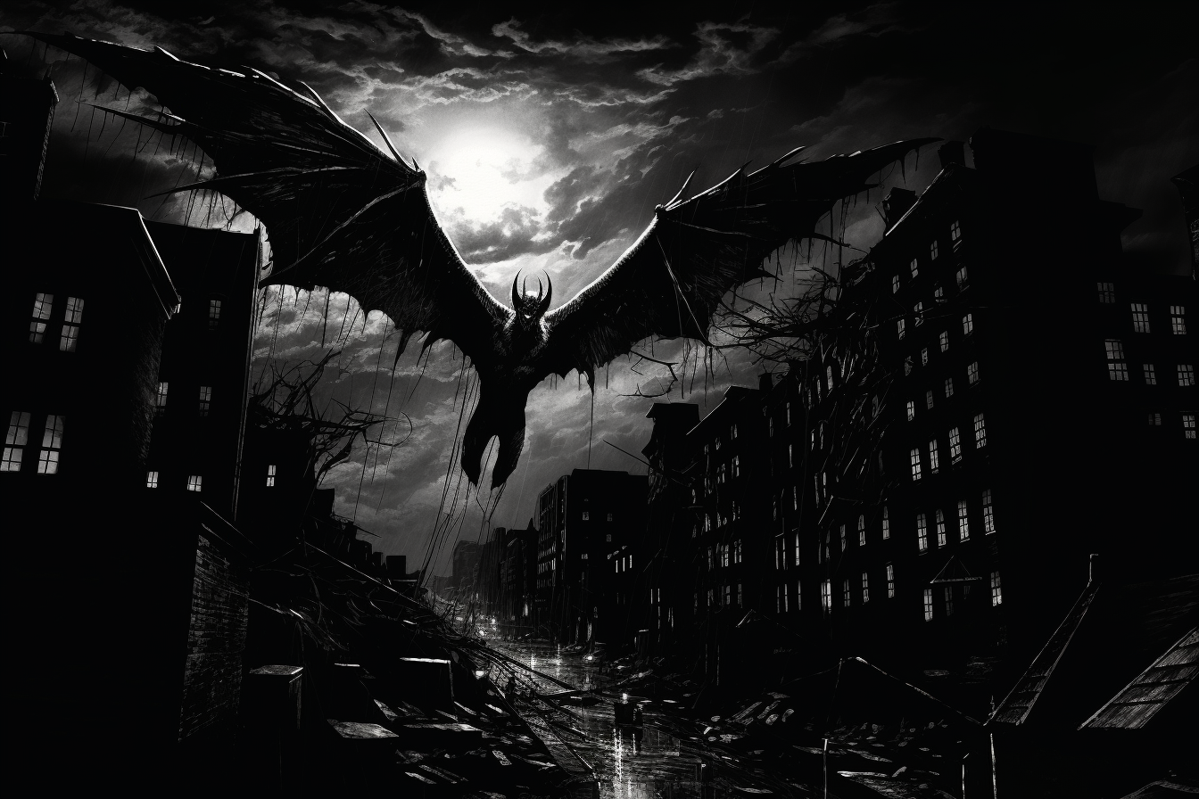 Winged demon overlooking modern cityscape