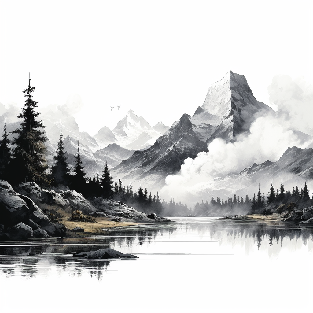 Black and white mountain scenery drawing