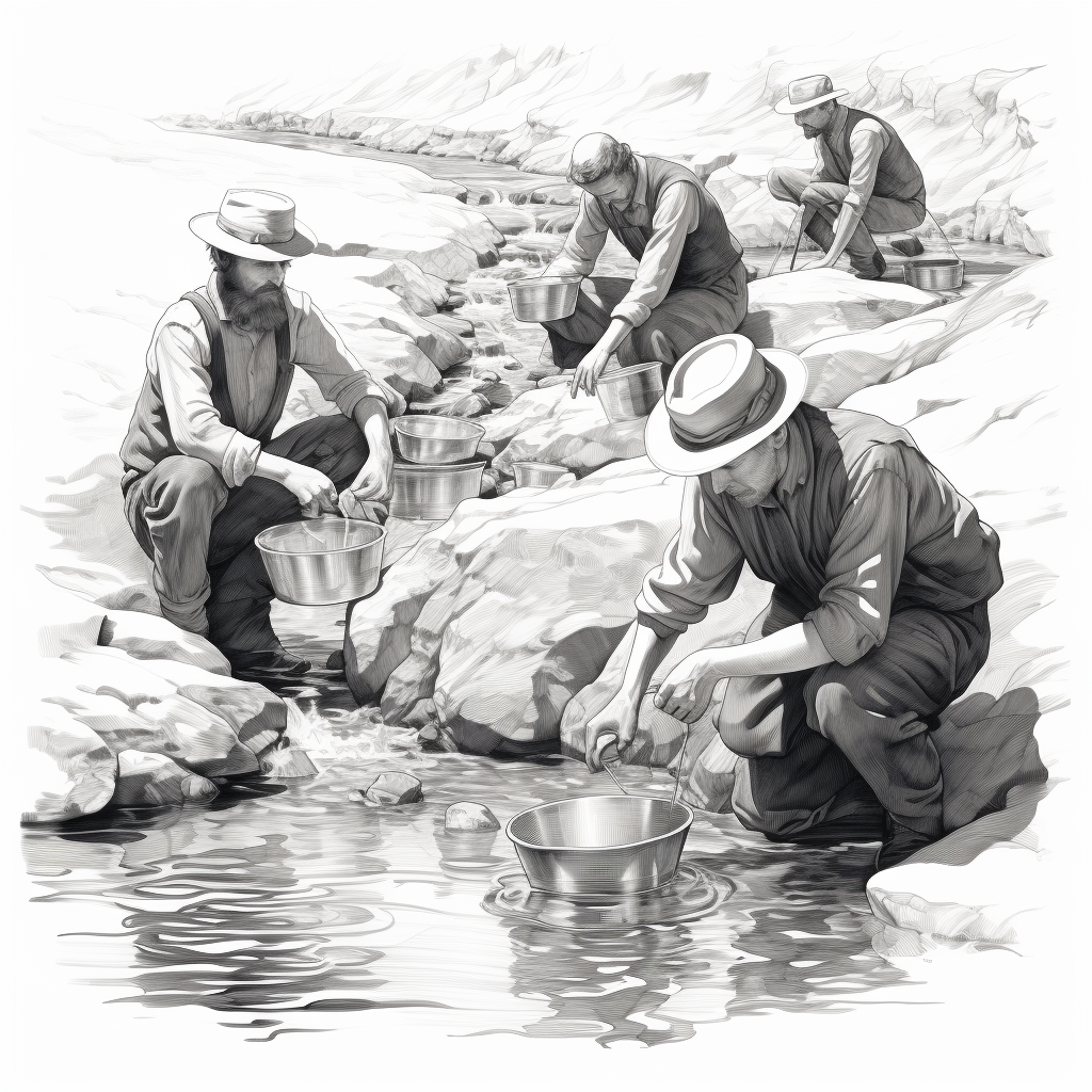 Illustration of panning for gold in black and white