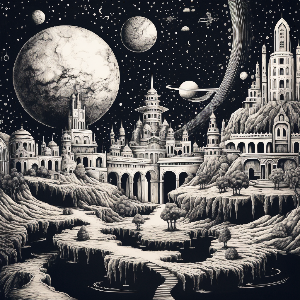 Beautiful black and white pen drawing of a castle and Saturn