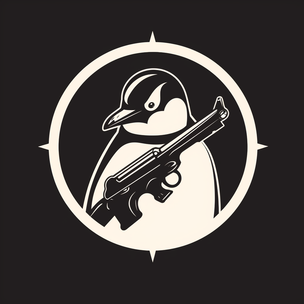 Black and white penguin logo with gun